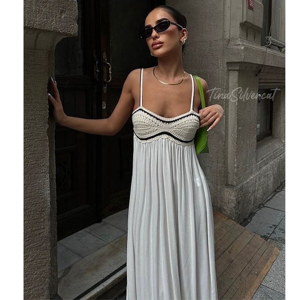 Zara Combination Knit Maxi Dress Ecru Black Sz M NWT - Picture 6 of 17